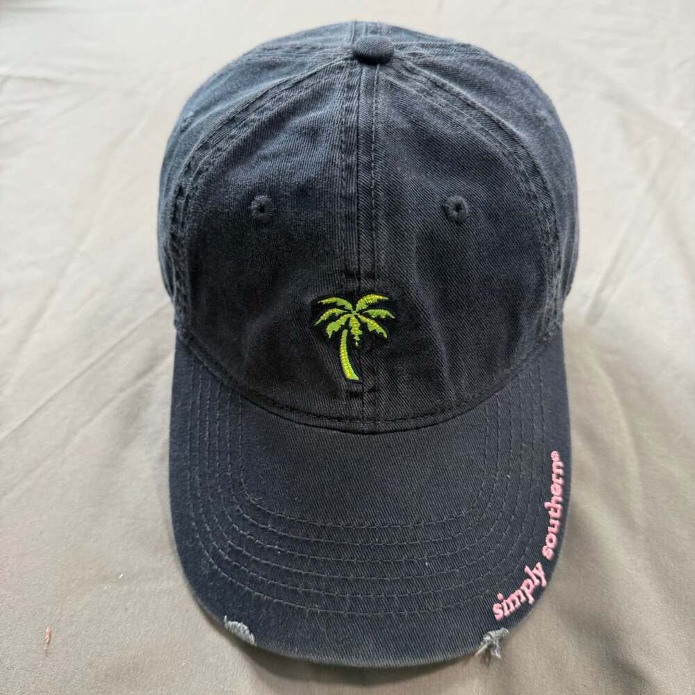 Simply Southern Black Distressed Palm Tree Baseball Cap Hat